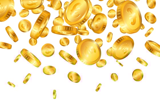 Falling from the top a lot of Euro gold coins on white background. Vector illustration
