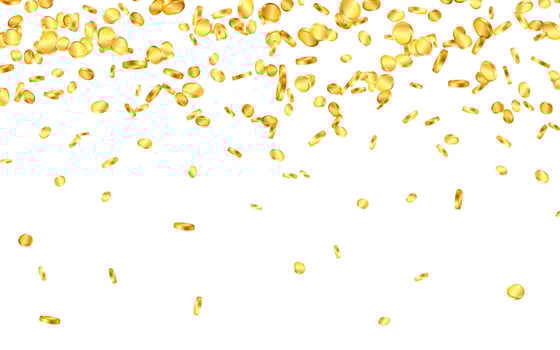 Falling from the top a lot of gold coins on white background. Vector illustration