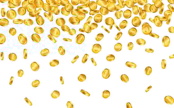 Falling from the top a lot of Euro gold coins on white background. Vector illustration