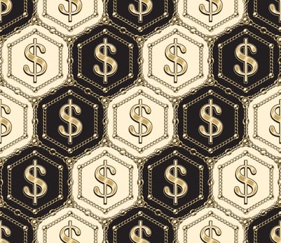 Hexagonal luxury vintage beige and brown pattern with shiny gold dollar sign, gold chains, beads. Vector seamless background.