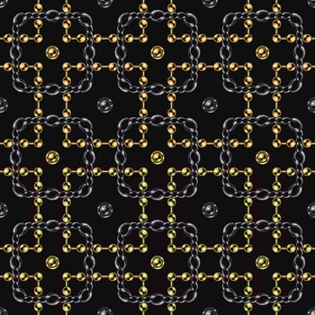 Seamless geometric chain pattern with ball beads, intricate overlapping squares on black background. Stainless steel and gold chains. Vector Illustration.