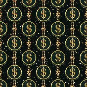 Seamless pattern with chains, gold dollar symbols in round frame on a dark green background. Background is textured with small gold particles like dust, motes. Vertical lined up elements vector