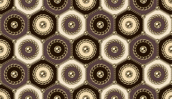 Seamless pattern with circles with gold chains, beads in hexagonal grid. Geometric motley background. vector