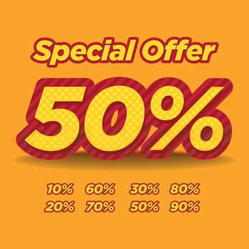 50 Percent OFF Special Offer Marketing Announcement Discount promotion 10 20 30 40 50 60 70 80 90 Discount Special Offer Conceptual Yellow Banner Design Template vector