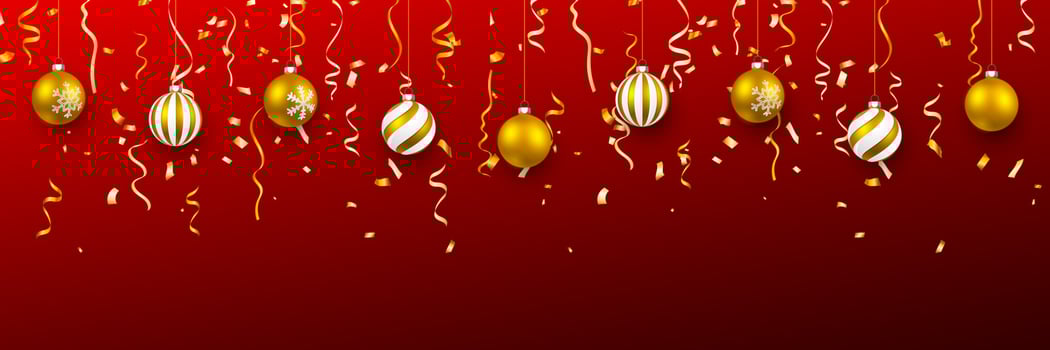 Christmas ball with confetti. Xmas ball on red background. Holiday decoration template. Vector illustration