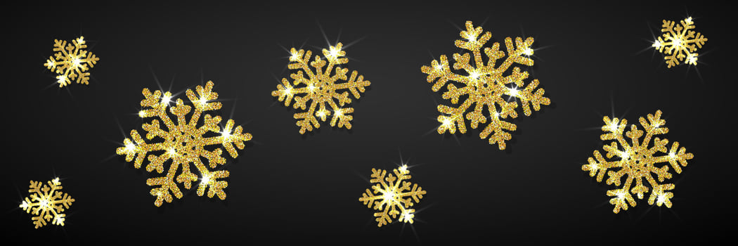 Shining gold snowflakes on black background. Christmas and New Year background. Vector illustration