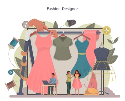 Fashion designer or tailor concept. Tiny tailor masters taking measurement. Creative atelier profession. Vector illustration.