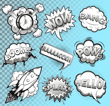 Comic speech bubbles black and white. Rocket. Alarm clock. Sound effects. Vector illustration