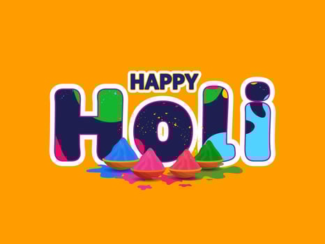 Sticker Style Happy Holi Font With Bowls Full Of Powder Color On Orange Background. vector