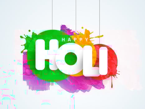 White Happy Holi Font With Brush Effect Colorful Round Tag Or Label Hang On Pastel Blue And Pink Background. vector