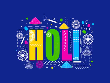 Colorful Holi Font With Doodle Mandala Pattern, Water Guns, Powder  And Laddu Plates Decorated On Blue Background. vector