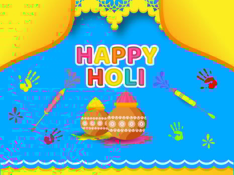 Sticker Style Colorful Happy Holi Font With Dry Color In Mud Pots, Water Guns, Handprints On Blue And Yellow Background. vector