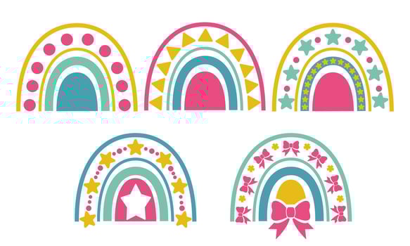 Valentine's Day set of cute boho rainbows with hearts, vector illustration