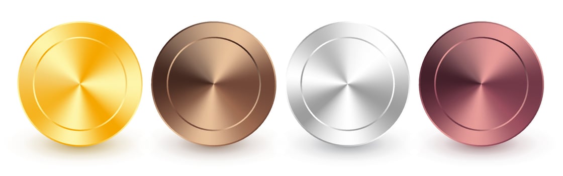 Collection of gold, rose gold, silver, chrome, bronze radial metallic gradient. Brilliant plates with gold, silver, chrome, bronze metallic effect. Vector illustration