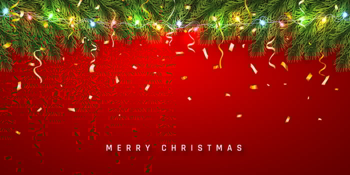 Festive Christmas or New Year Background. Christmas fir-tree branches with confetti and light garland. Holiday's Background. Vector illustration