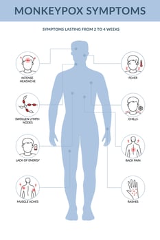 Monkey pox symptoms infographic. It cause skin infections. Flat line vector illustration.