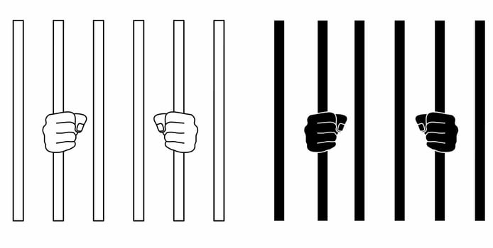 human hands behind bars vector illustration.outline silhouette Hands holding prison bars icon set isolated on white background