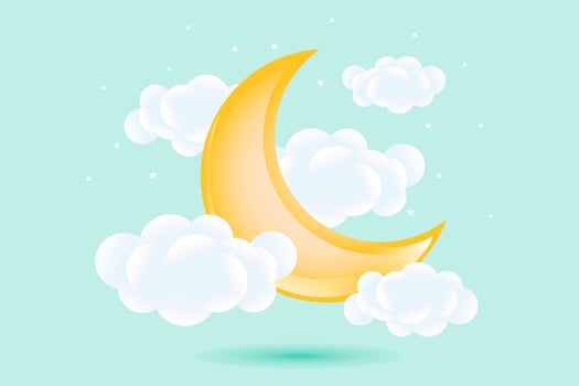 3d baby shower, waxing moon with clouds on a soft green background, childish design in pastel colors. Background, illustration, vector