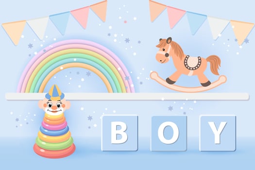 3D baby shower for boys. Children's toys rainbow, pyramid and rocking horse in pastel colors on a starry background. Game room background, modern design, vector