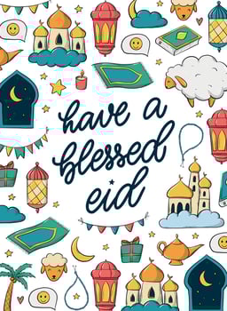 Have a blessed eid calligraphy quote decorated with doodles. Good for islamic posters, greeting cards, prints, banners, templates, invitations. EPS 10 vector