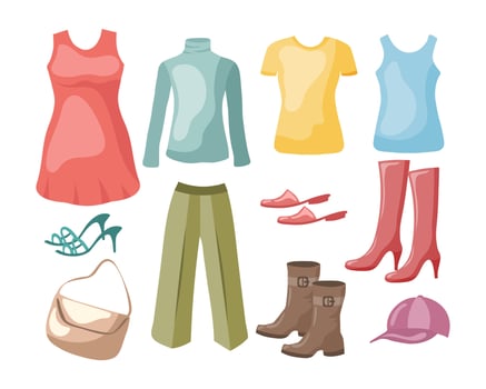 Set of various women's clothing and shoes. Illustration, icons, vector. vector