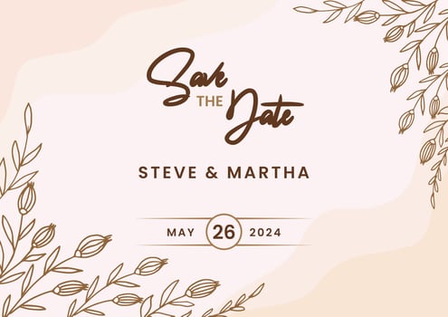 Beautiful Save the date template on a gold floral background with hand drawn leaves and flower border vector
