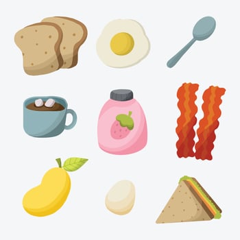 Cute Bread Eggs and Sandwich Breakfast Icons Collection Vector