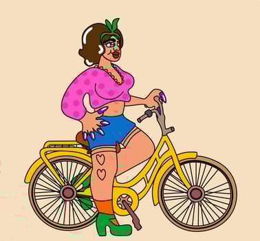 Retro girl. Young woman on a bicycle. Vector vintage illustration on light background.