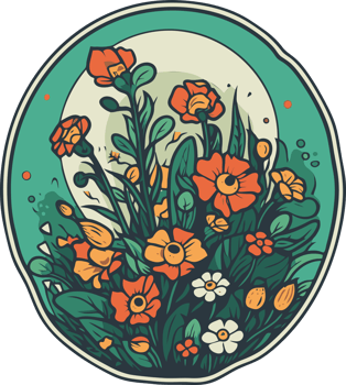 retro floral decorated with colorful blooming flowers. Isolated for sticker, printing, decorative element png