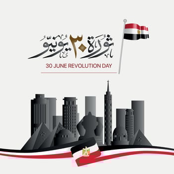 30 June revolution day celebration design landscape with views of the pyramids and city skyline. Egypt illustration with Arabic calligraphy and typography in Thuluth. Translate 30 June Revolution Day vector