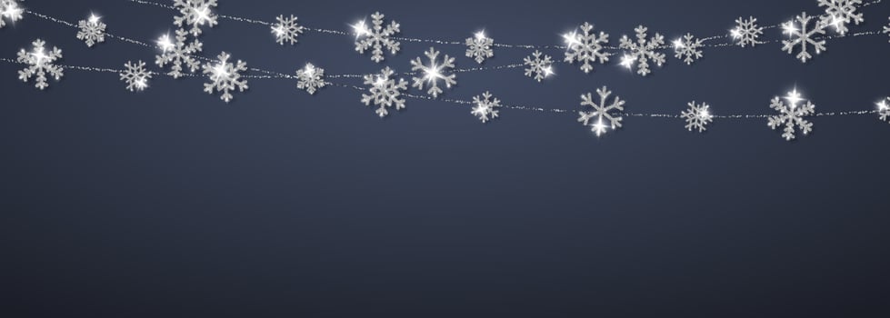 Christmas or New Year silver snowflake decoration garland on dark background. Hanging glitter snowflake. Vector illustration