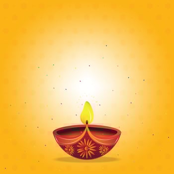 Vector illustration of burning oil lamp on yellow background. Diwali festival. Festival of Lights. Used for greeting card, banner, template.