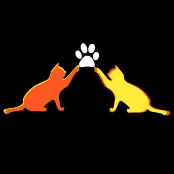 an illustration of the silhouettes of 2 cats holding footprints on a black background vector