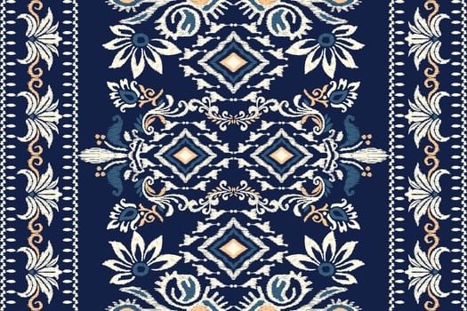 Ikat floral paisley embroidery on navy blue background.Ikat ethnic oriental pattern traditional.Aztec style abstract vector illustration.design for texture,fabric,clothing,wrapping,decoration,carpet.