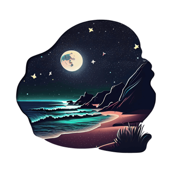 Moon and stars at night tess, landscape with palm trees, retro syntes color design, ocean wave . png