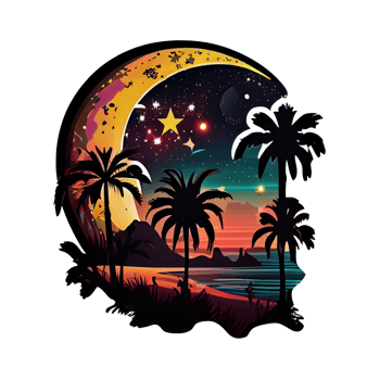 Moon and stars at night tess, landscape with palm trees, retro syntes color design, ocean wave . png