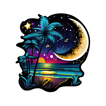 Moon and stars at night tess, landscape with palm trees, retro syntes color design, ocean wave . png