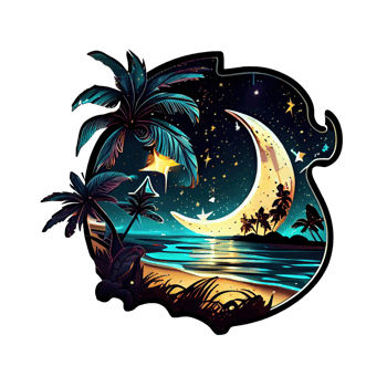 Moon and stars at night tess, landscape with palm trees, retro syntes color design, ocean wave . png