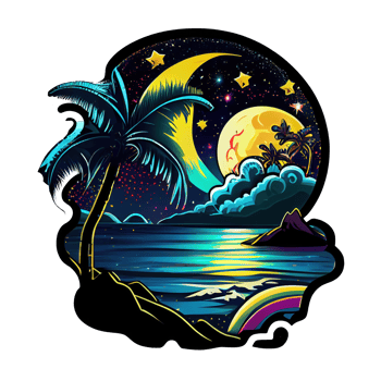 Moon and stars at night tess, landscape with palm trees, retro syntes color design, ocean wave . png
