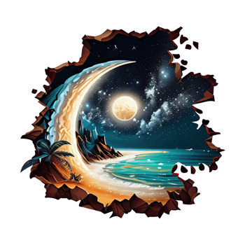 Moon and stars at night tess, landscape with palm trees, retro syntes color design, ocean wave . png