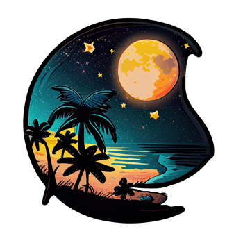 Moon and stars at night tess, landscape with palm trees, retro syntes color design, ocean wave . png