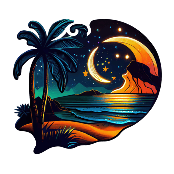 Moon and stars at night tess, landscape with palm trees, retro syntes color design, ocean wave . png