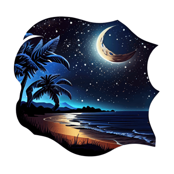 Moon and stars at night tess, landscape with palm trees, retro syntes color design, ocean wave . png