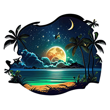 Moon and stars at night tess, landscape with palm trees, retro syntes color design, ocean wave . png