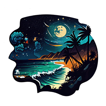 Moon and stars at night tess, landscape with palm trees, retro syntes color design, ocean wave . png