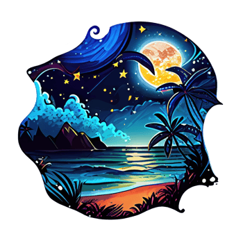 Moon and stars at night tess, landscape with palm trees, retro syntes color design, ocean wave . png