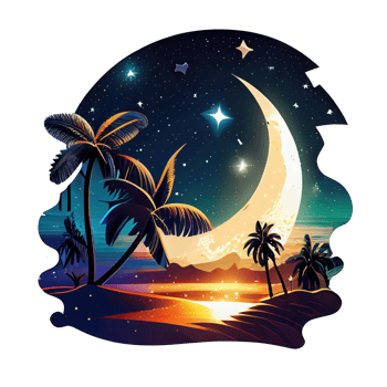 Moon and stars at night tess, landscape with palm trees, retro syntes color design, ocean wave . png