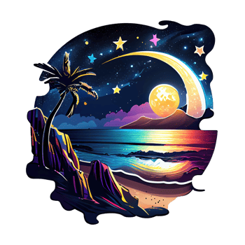 Moon and stars at night tess, landscape with palm trees, retro syntes color design, ocean wave . png
