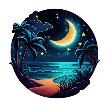 Moon and stars at night tess, landscape with palm trees, retro syntes color design, ocean wave . png