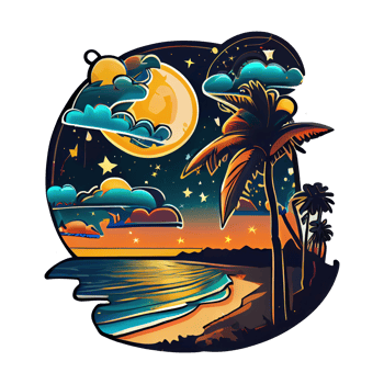 Moon and stars at night tess, landscape with palm trees, retro syntes color design, ocean wave . png